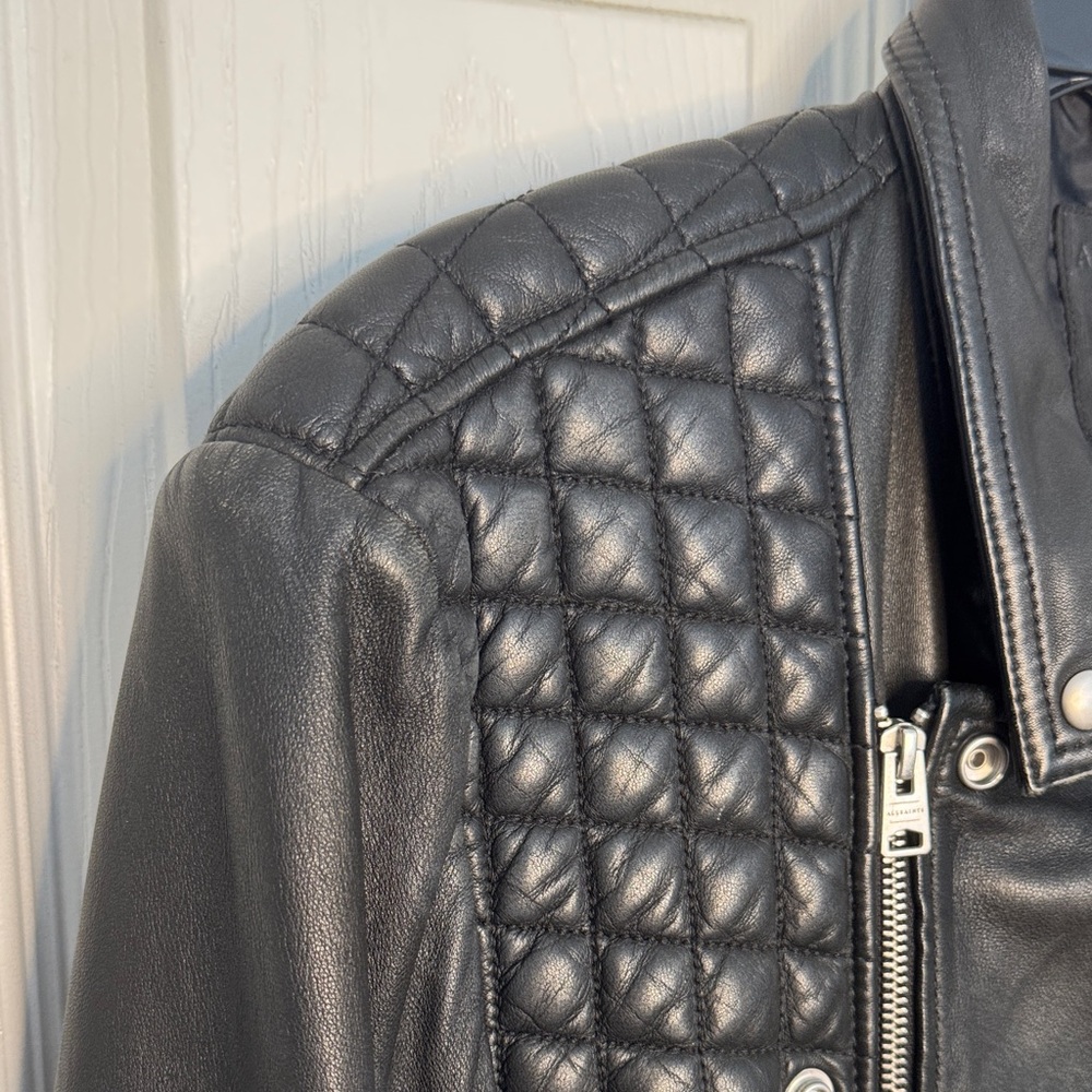 All Saints Mens Black Leather Biker Jacket with Quilted Shoulders - Picture 8 of 15
